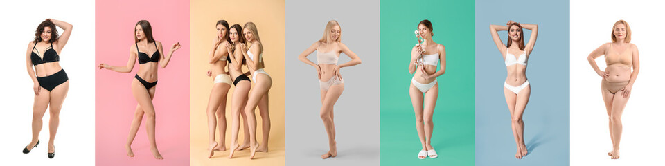 Set of different women in underwear on colorful background