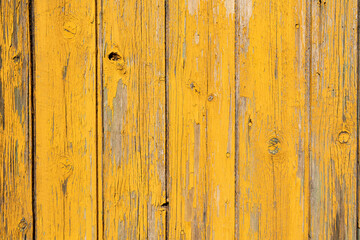 Yellow wodden planks covered with old flaking paint and visible wood patches, aged wodden door surface making a good background material