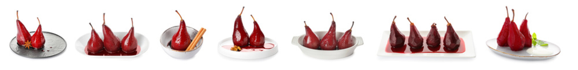 Plates with tasty poached pears in wine sauce on white background