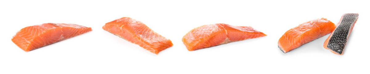 Set of raw salmon fillets on white background