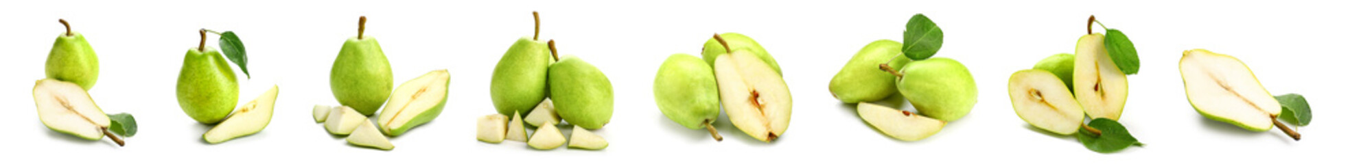 Set of ripe green pears on white background