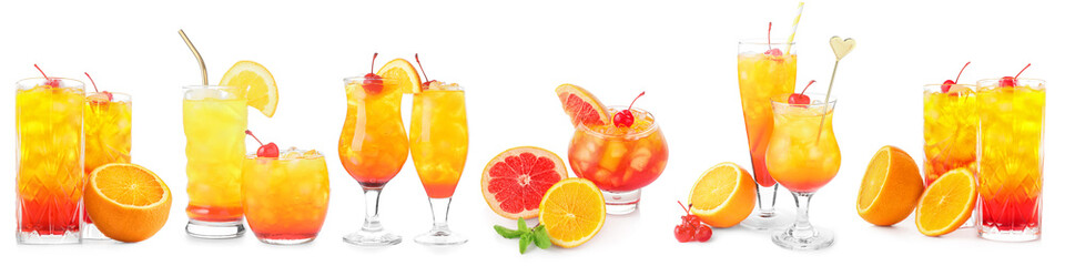 Set with glasses of tasty Tequila Sunrise cocktail on white background