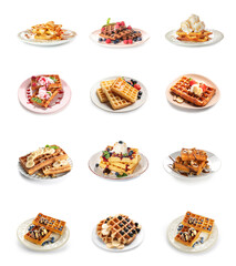Set of tasty Belgian waffles on white background