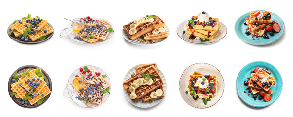 Set of tasty Belgian waffles on white background