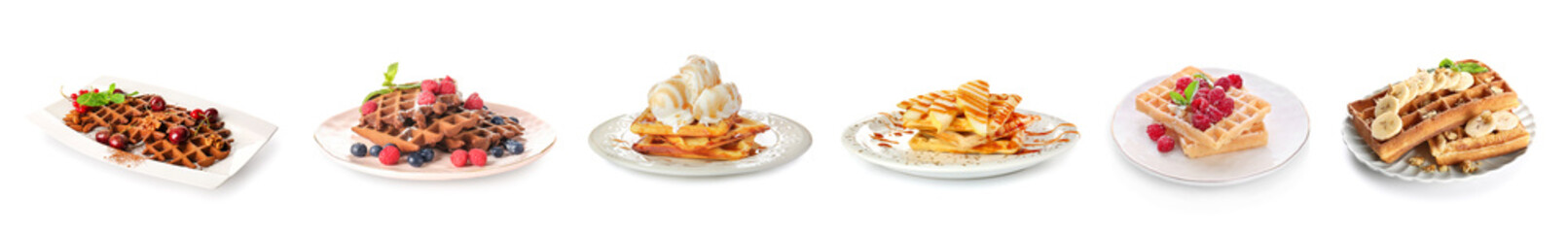 Set of tasty Belgian waffles on white background