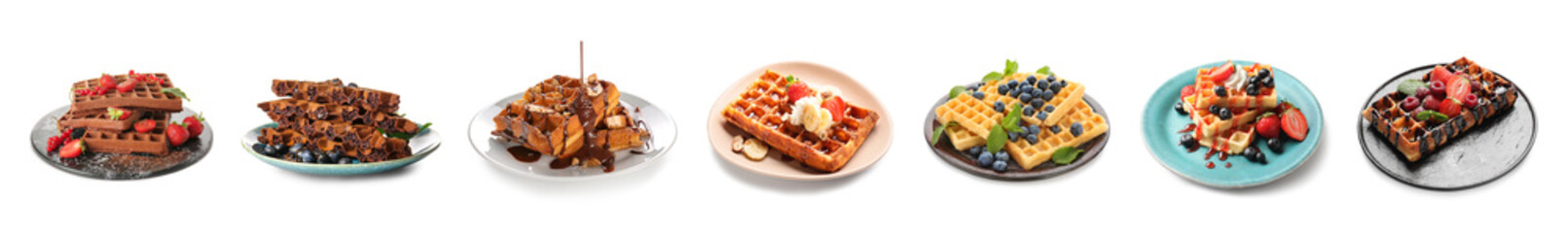 Set of tasty Belgian waffles on white background