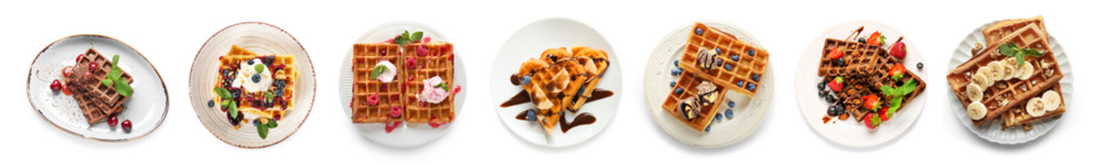 Set of tasty Belgian waffles on white background, top view