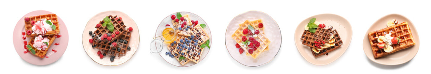 Set of tasty Belgian waffles on white background, top view