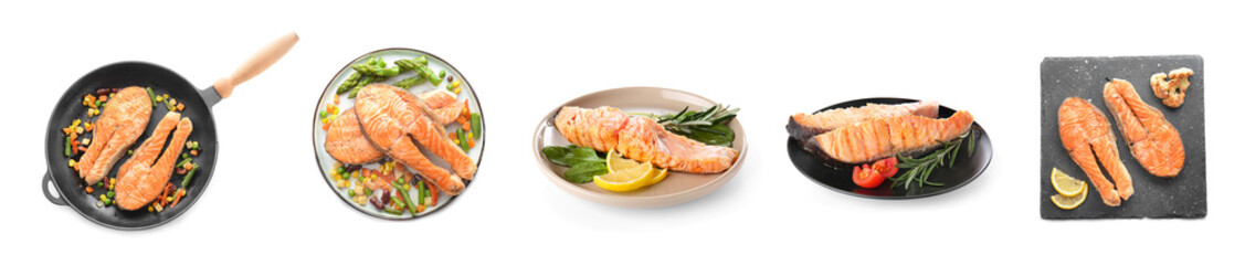 Set of fried salmon steaks with vegetables on white background