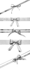 Set of beautiful silver ribbons with bows isolated on white