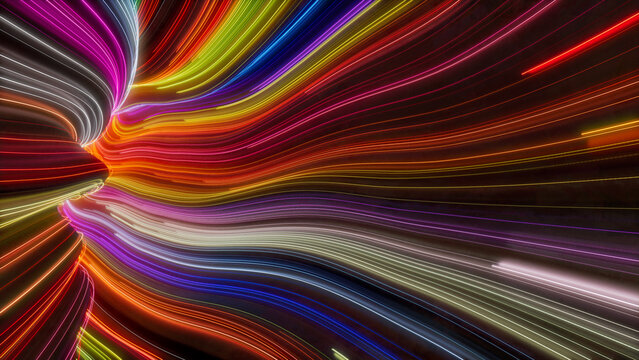 Colorful Neon Lines Tunnel with Orange, Pink and Green Swirls. 3D Render.