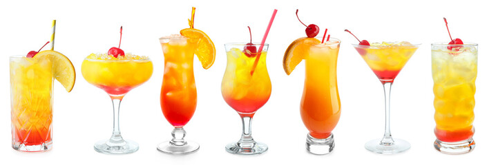 Set with glasses of tasty Tequila Sunrise cocktail on white background