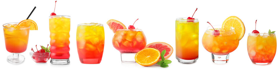 Set with glasses of tasty Tequila Sunrise cocktail on white background