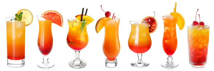 Set with glasses of tasty Tequila Sunrise cocktail on white background