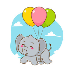 Cute elephant flying with balloons cartoon art illustration