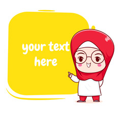Cute Moslem girl with bubble text hand drawn cartoon character