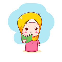 Cute Moslem girl reading book hand drawn cartoon character