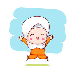 Cute happy Moslem girl jumping hand drawn cartoon character