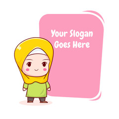Cute Moslem girl with bubble text hand drawn cartoon character