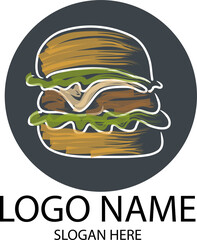 Vector hand drawn doodle sketch of colored cheeseburger. logo for food label