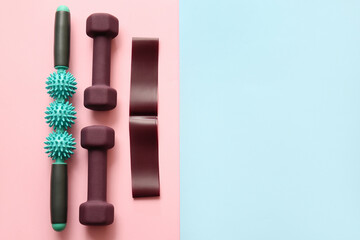 Stylish sport equipment on color background