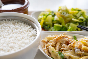 angle view fast food with shredded boiled chicken and vegetable and soup horizontal composition