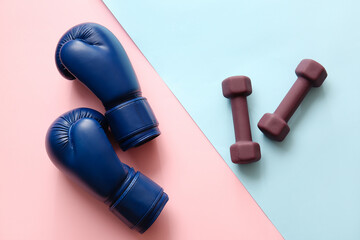Stylish dumbbells and boxing gloves on color background