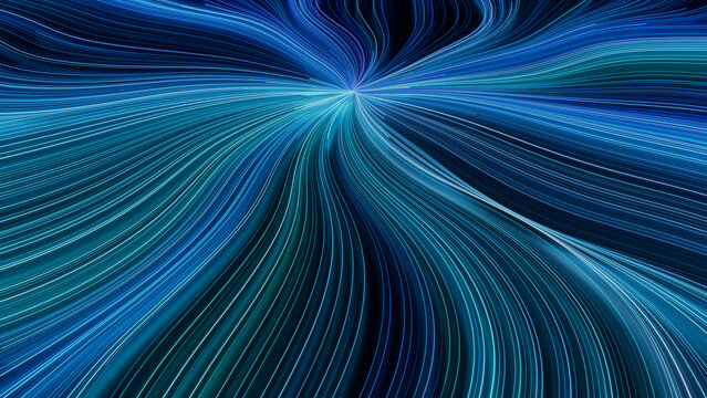 Wavy Lines Background with Blue, Purple and Turquoise Swirls. 3D Render.