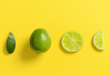 Composition with whole and cut limes on color background