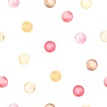 Watercolor seamless pattern with pink, brown, beige circles, polka dots, balloons for a girl