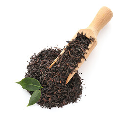 Scoop with dry tea leaves isolated on white, top view