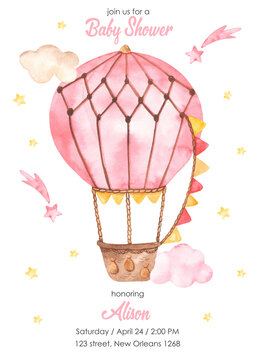 Watercolor baby shower with pink hot air balloon, stars, clouds, baby girl