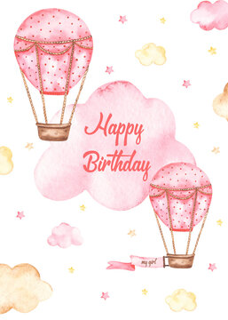 Watercolor birthday card with pink hot air balloon, stars, clouds, girl