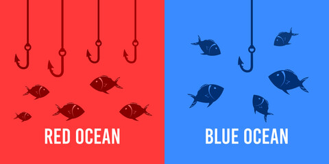 Red ocean and Blue ocean with fish. Business Opportunity Presentation Strategies © Inactive