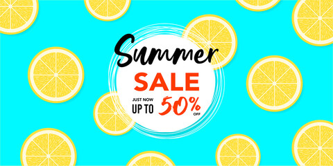 Summer sale poster or banner. White circle with text summer sale and lemons pattern background
