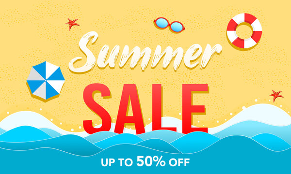 Summer sale poster or banner. The sea and wave with text summer sale