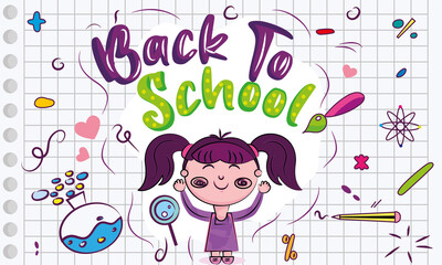 Happy girl cartoon with a lot of school supplies Back to school concept Vector