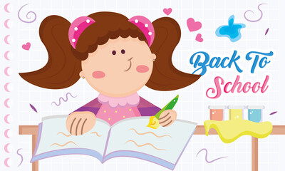 Sketch of girl with open book and school supplies Back to school concept Vector
