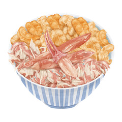 ウニと蟹の海鮮丼手描き水彩風イラスト