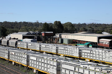 Railway yard and station in the Queensland town of Warwick in Southern Downs Region, featuring buildings, silos and carriages