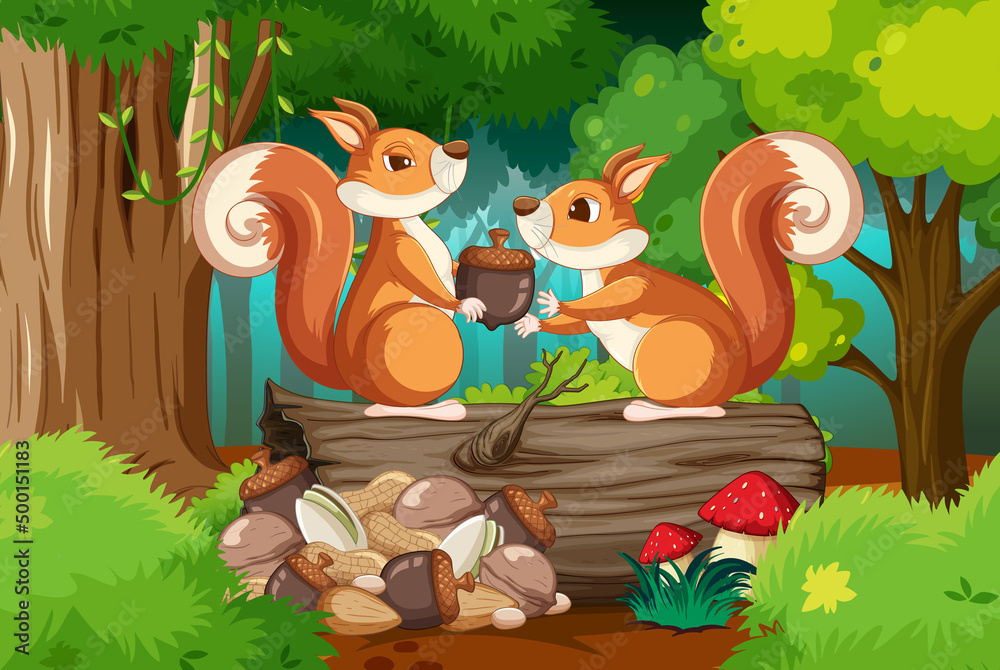 Wall mural scene with squirrels in forest