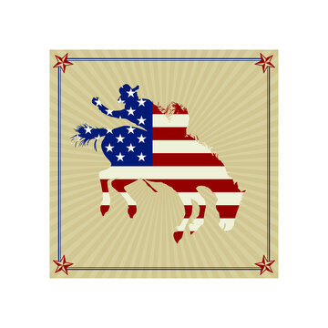 A rodeo cowboy bareback bronc rider silhouette with an American flag.