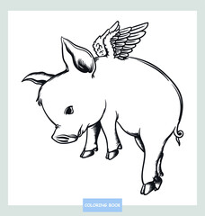 Fototapeta na wymiar Coloring book cute pig flying cartoon vector illustration