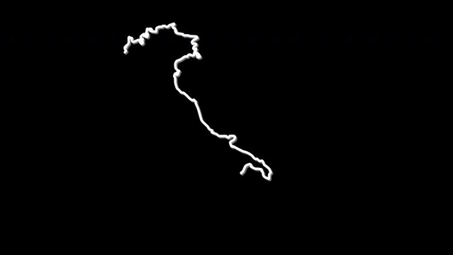 Italy map. Country territory outline animation. Line art. Black background.