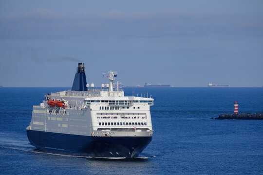 DFDS passenger and cargo roro ferry King Princess Seaways arrival into port of Ijmuiden Amsterdam, Holland from Newcastle, England