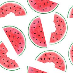 Watercolor hand drawn seamless pattern with watermelon fruit, red green tropical food, bright summer holiday background. Juicy frech natural plant design with geometric elements.