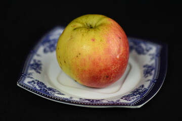 an apple on a plastic plate