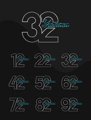 Set of Anniversary outline logotype silver and green color with black background for celebration