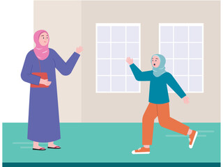 Mother and child in Muslim clothing and wearing a hijab. Hijab is used for Muslim women. Eid vector illustration.