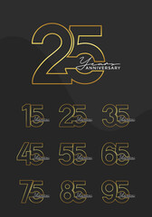 Set of Anniversary outline logotype silver and gold color with black background for celebration